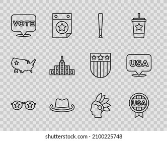 Set line Glasses with stars, Medal, Baseball bat, Western cowboy hat, Vote, City landscape, Native American Indian and USA Independence day icon. Vector