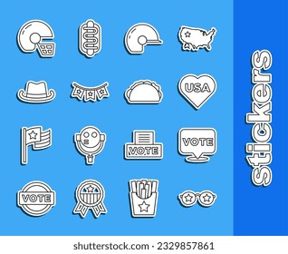 Set line Glasses with stars, Vote, USA Independence day, Baseball helmet, Carnival garland flags, Western cowboy hat, American football and Taco tortilla icon. Vector
