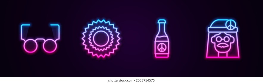 Set line Glasses, Sun, Beer bottle and Hippie girl. Glowing neon icon. Vector