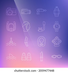 Set line Glasses for swimming, Aqualung, Diving watch, Fishing harpoon, hood, mask with snorkel, Photo camera diver and Snorkel icon. Vector