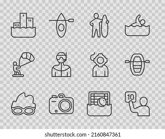 Set line Glasses for swimming, Assessment of judges, Surfboard, Photo camera, Winner podium, Wetsuit scuba diving, Water polo and Boat with oars icon. Vector