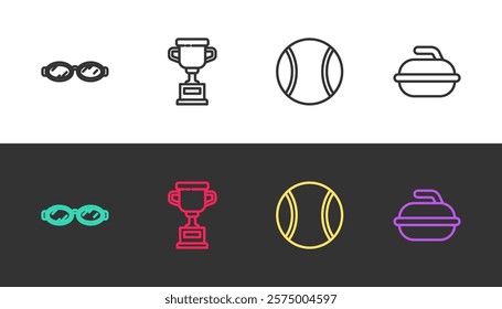 Set line Glasses for swimming, Award cup, Tennis ball and Stone curling sport game on black and white. Vector