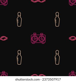 Set line Glasses for swimming, Bowling pin and Time chess clock on seamless pattern. Vector