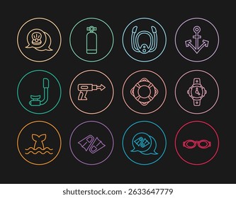 Set line Gafas para la natación, reloj de buceo, máscara con snorkel, arpón de pesca, snorkel, concha de mar de vieira, boya salvavidas y Aqualung icono. Vector