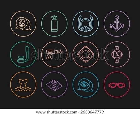 Set line Glasses for swimming, Diving watch, mask with snorkel, Fishing harpoon, Snorkel, Scallop sea shell, Lifebuoy and Aqualung icon. Vector