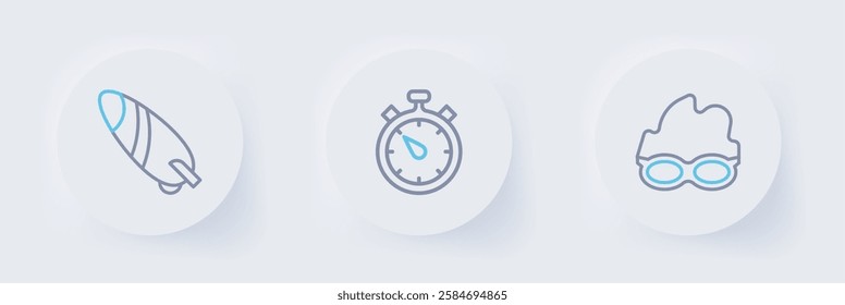 Set line Glasses for swimming, Stopwatch and Surfboard icon. Vector