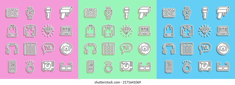 Set line Glasses, Vinyl disk, Sound or audio recorder, Microphone, Hoodie, Winter hat, Retro cassette tape and Diamond icon. Vector