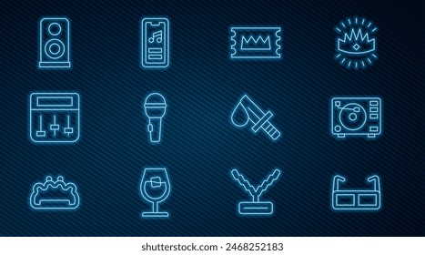 Set line Glasses, Vinyl player with vinyl disk, Concert ticket, Microphone, Drum machine music, Stereo speaker, Bloody knife and Music icon. Vector