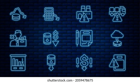 Set line Global economic crisis, Storm, Shutdown of factory, Drop in crude oil price, Employee dismissal, Dollar rate decrease, Contract money and pen and Calculation expenses icon. Vector