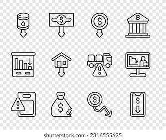 Set line Global economic crisis, Mobile stock trading, Dollar rate decrease, Money bag, Drop crude oil price, Falling property prices,  and news icon. Vector