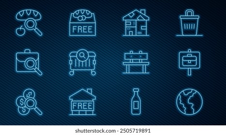 Set line Global economic crisis, Work search, Homeless cardboard house, Searching for food, Bench and Donation icon. Vector