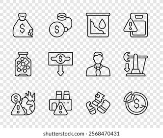 Set line Global economic crisis, Dollar rate decrease, Drop in crude oil price, Shutdown of factory, Money bag, Credit card and  icon. Vector