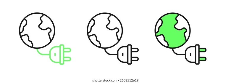 Set line Global energy power planet with plug icon isolated on white background. Ecology concept and environmental.  Vector