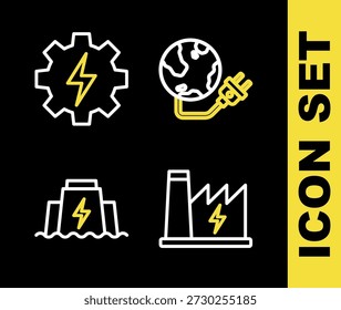 Planeta de energía global, planta nuclear, presa hidroeléctrica e icono de engranajes y rayos. Vector