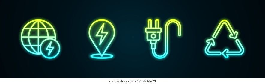 Set line Global energy power planet, Lightning bolt, Electric plug and Recycle symbol. Glowing neon icon. Vector