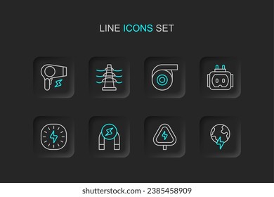 Línea Planeta global con perno, alta tensión, imán, relámpago, enchufe de árbol eléctrico, cinta adhesiva Roll, línea de torre eléctrica e icono de secador de pelo. Vector