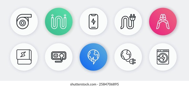 Set line Global planet with thunderbolt, Pliers tool, Book about electricity, energy plug, Electric, Mobile phone, Washer and Electrical outlet icon. Vector