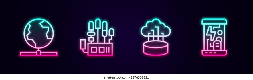 Línea Tecnología Global, Mano de robot mecánico, Conexión en nube de red y Cápsulas criogénicas. Icono de neón brillante. Vector