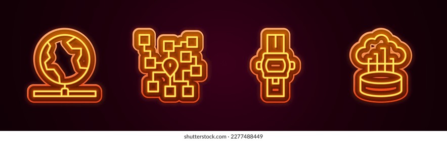 Set line Global technology, Neural network, Wrist watch and Network cloud connection. Glowing neon icon. Vector