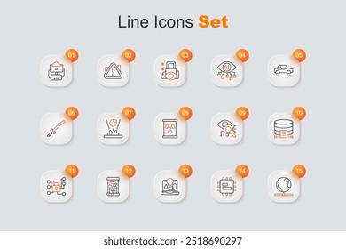 Set line Tecnologia global, CPU processador, pirataria na Internet, cápsulas criogênicas, segurança cibernética, banco de dados em nuvem, Eye scan e resíduos radioativos em ícone de barril. Vetor