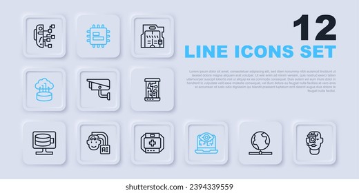 Fijar la línea Tecnología global, Gafas inteligentes en espectáculos, Cámara de seguridad, visión de computadora, conexión en la nube de red, robot humanoide, CPU del procesador e icono del kit de primeros auxilios. Vector