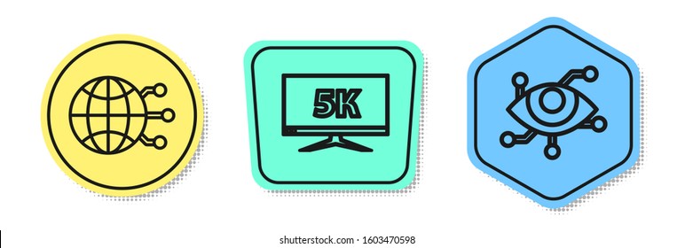 Set line Global technology or social network, Monitor display with 5k video and Virtual reality. Colored shapes. Vector
