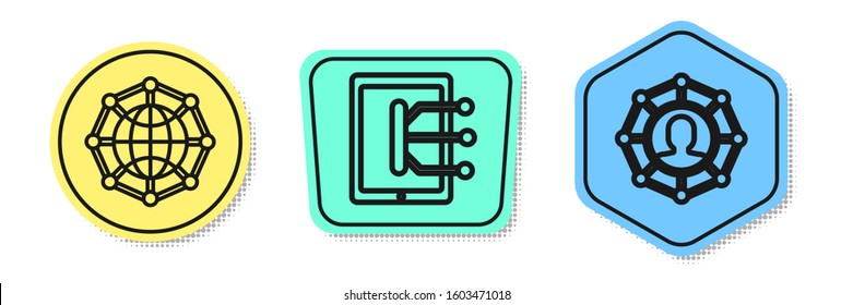 Set line Global technology or social network, Tablet and Project team base. Colored shapes. Vector