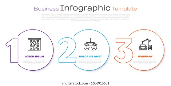 Set line Global technology or social network, Remote control and Industrial machine robotic robot arm hand. Business infographic template. Vector