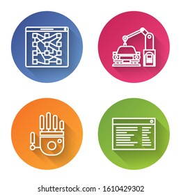 Set line Global technology or social network, Industrial machine robotic robot arm hand, Mechanical robot hand and Software, web developer programming code. Color circle button. Vector
