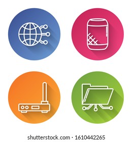 Set line Global technology or social network, Voice assistant, Router and wi-fi signal and Folder and lock. Color circle button. Vector