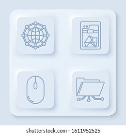 Set line Global technology or social network, 3D printer, Computer mouse and Folder and lock. White square button. Vector