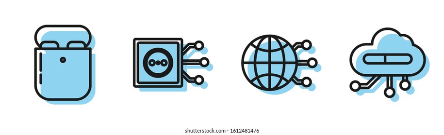 Set line Global technology or social network, Air headphones in box, Remote control and Internet of things icon. Vector