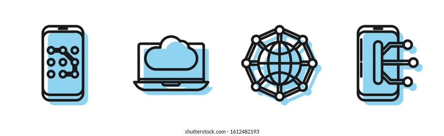Set line Global technology or social network, Mobile and graphic password protection, Cloud technology data transfer and storage and Smartphone, mobile phone icon. Vector