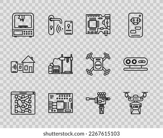 Set line Global technology or social network, Drone delivery concept, Printed circuit board PCB, 3D printer, Mechanical robot hand and screwdriver and 3d scanning system icon. Vector