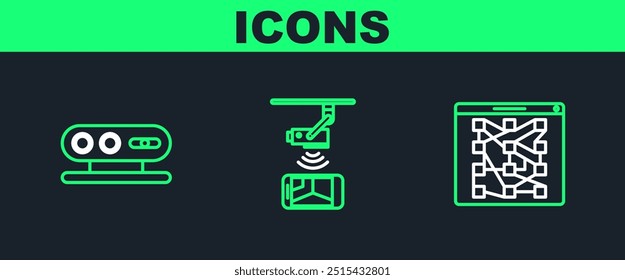 Definir linha Tecnologia global ou rede social, sistema de digitalização 3d e Wireless Controlling CCTV ícone da câmera de segurança. Vetor