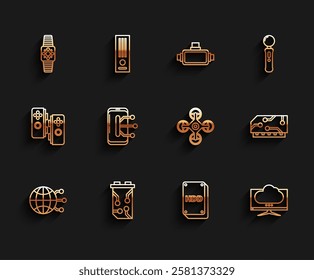 Set line Global technology or social network, Video graphic card, Smartwatch, Hard disk drive HDD, Computer monitor screen, Smartphone, mobile phone, RAM, random access memory and Drone icon. Vector