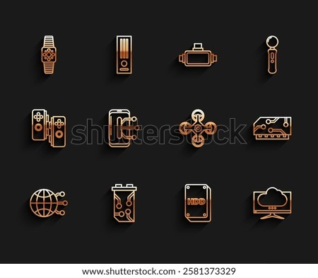 Set line Global technology or social network, Video graphic card, Smartwatch, Hard disk drive HDD, Computer monitor screen, Smartphone, mobile phone, RAM, random access memory and Drone icon. Vector