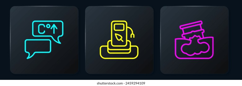 Fijar línea Calentamiento global, fuga de petróleo de barril y gasolinera o gasolinera. Botón cuadrado negro. Vector