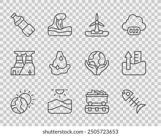 Set line Global warming, Dead fish, Wind turbine, Drought, Bottle of water, Glacier melting, Coal train wagon and Rise level icon. Vector