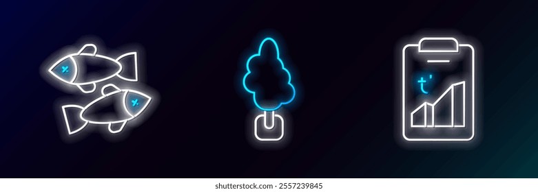 Set line Global warming, Dead fish and Tree icon. Glowing neon. Vector