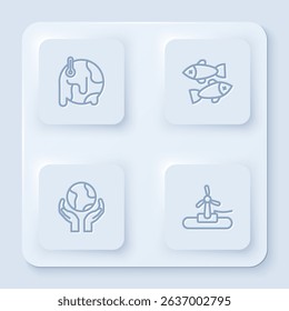 Set line Global warming, Dead fish, Hands holding Earth globe and Wind turbine. White square button. Vector