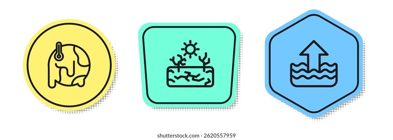Set line Global warming, Drought and Rise water level. Colored shapes. Vector