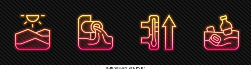 Set line Global warming, Drought, Wastewater and Problem pollution of the ocean. Glowing neon icon. Vector