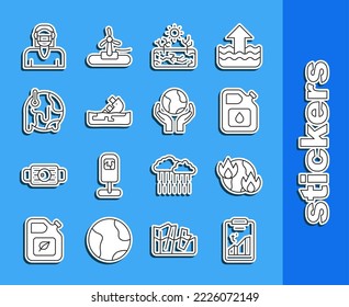 Set line Global warming, fire, Canister for gasoline, Drought, Wrecked oil tanker ship, Face protective mask and Hands holding Earth globe icon. Vector