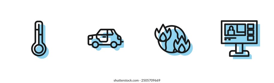 Set line Global warming fire, Meteorology thermometer, Car and Television report icon. Vector