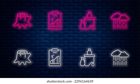 Set line Global warming, Full dustbin, Tree stump and Cloud with rain. Glowing neon icon on brick wall. Vector