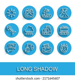 Set Line Global Warming, Gas Pump Nozzle And Globe, Sun, Barrel Oil Leak, Fire, Cloud With Rain, Coal Train Wagon And Nuclear Power Plant Icon. Vector
