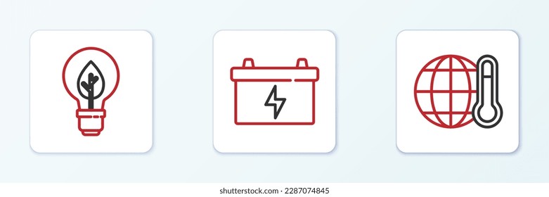 Set line Global warming, Light bulb with leaf and Car battery icon. Vector