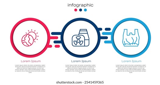 Set line Global warming, Nuclear power plant and Say no to plastic bags poster. Business infographic template. Vector