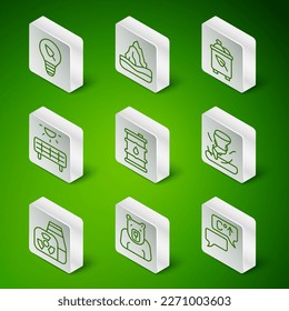 Línea Calentamiento Global, Cabeza Polar de Oso, Bombilla con hoja, Aceite de Barril, Panel de Energía Solar, Iceberg, Planta de Energía Nuclear e Icono de Tornado. Vector
